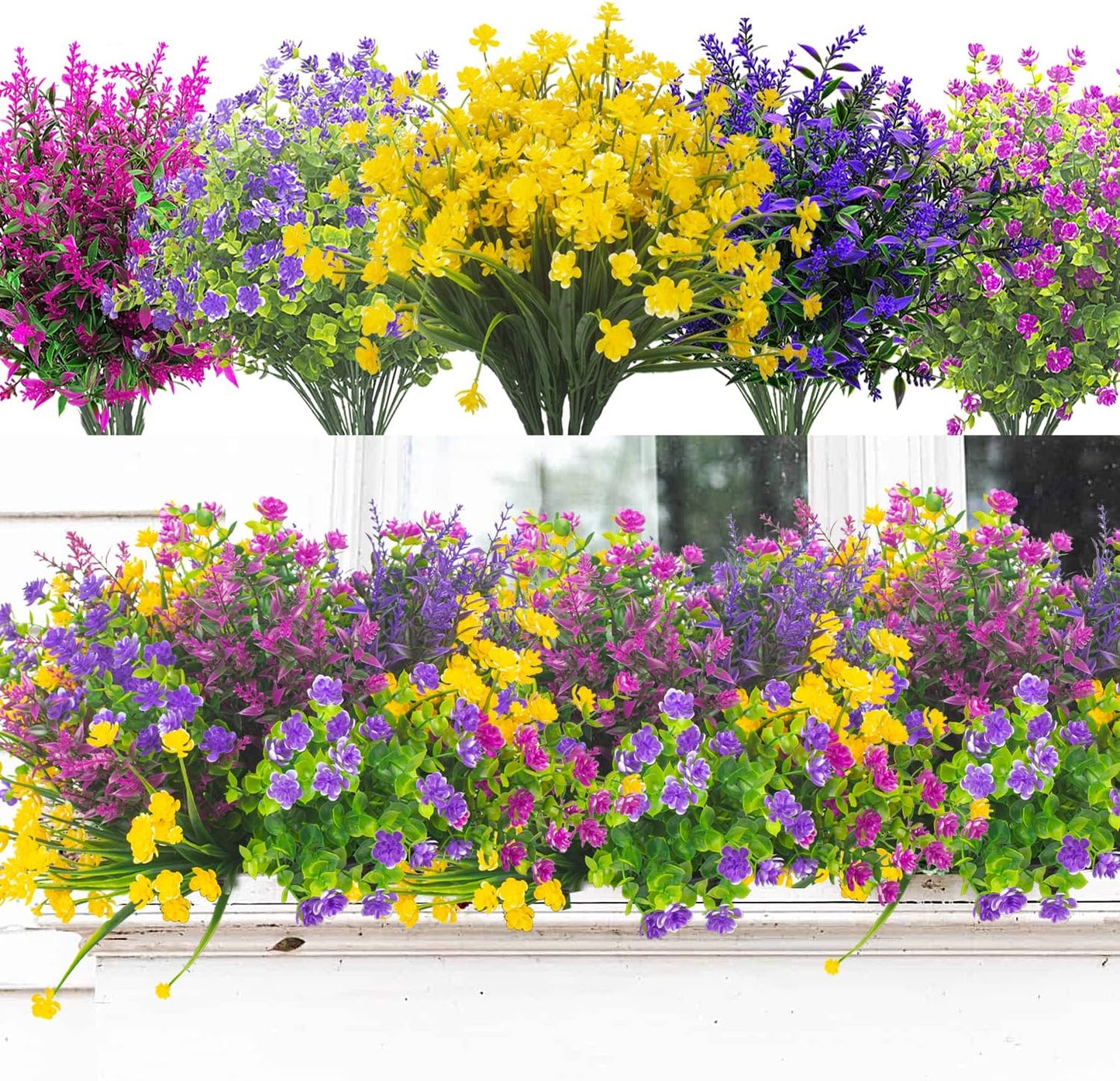 20 Bundles Artificial Flowers Outdoor UV Resistant No Fade Fake Plants Faux Plastic Shrubs for Garden Patio Porch Window Box Home Wedding Farmhouse Hanging Décor