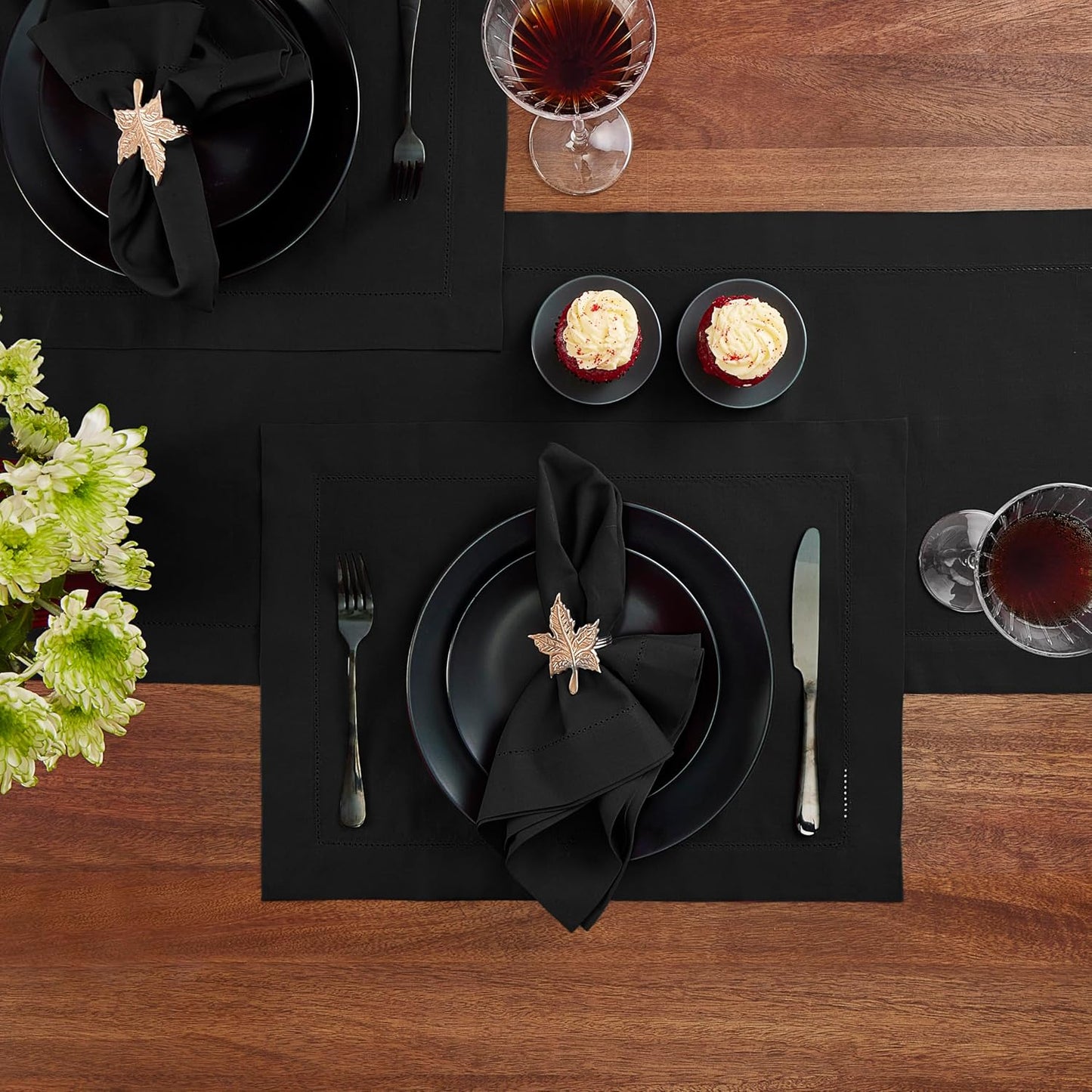 Cotton Linen Placemat Set of 4 – Hemstitch Black Cloth Placemat-14 x 19 Inch – Washable Fabric Placemats for Fall, Halloween, Thanksgiving, Everyday Dining & Décor – Serena