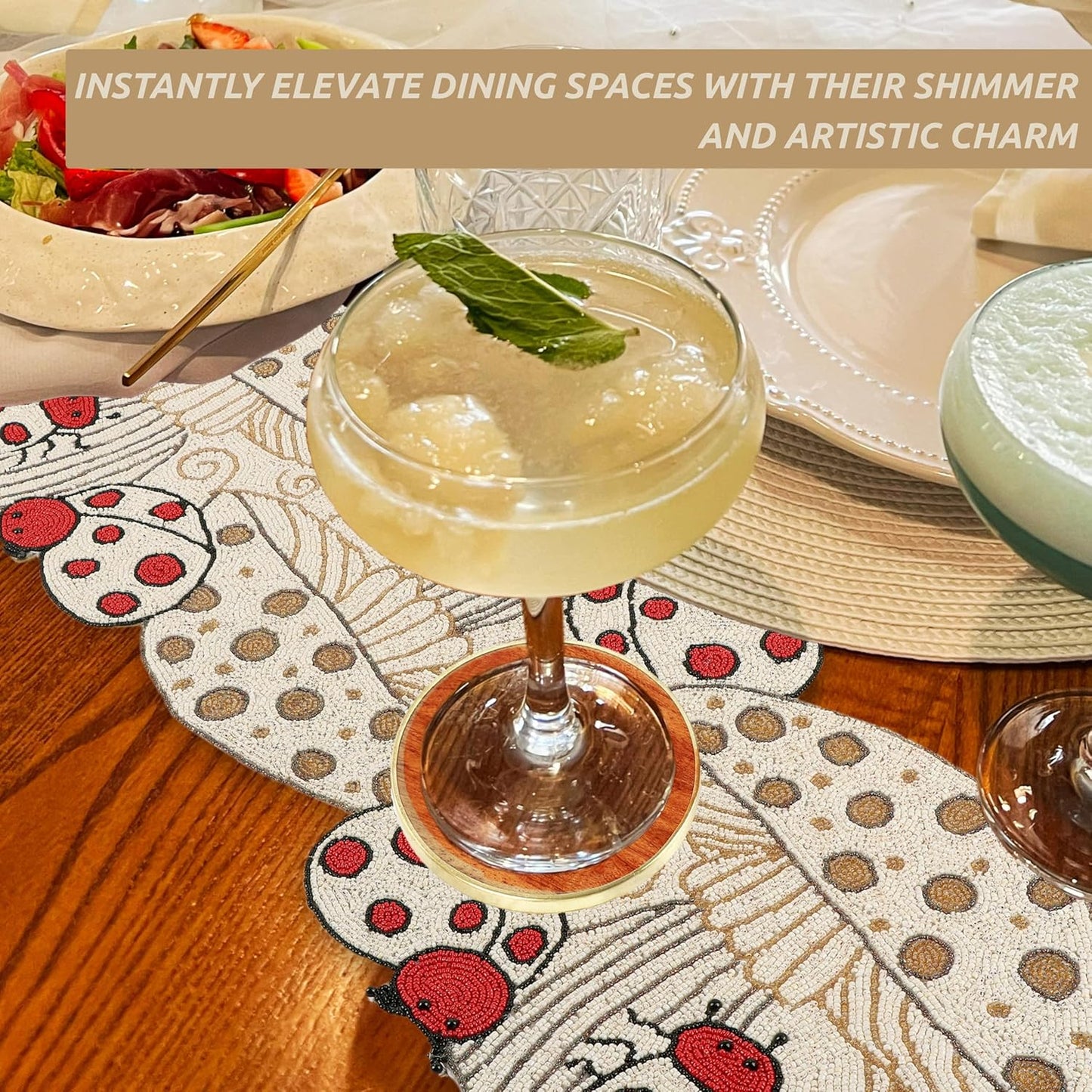 Beaded Table Runner Decorative Glitz Table Runner - 13x36” Handcrafted Runner for Winter Holiday, Kitchen, Dining Table, Spring Décor, Dining Table, Coffee Table or Entryway (Red Ivory) - CLEENTABLE