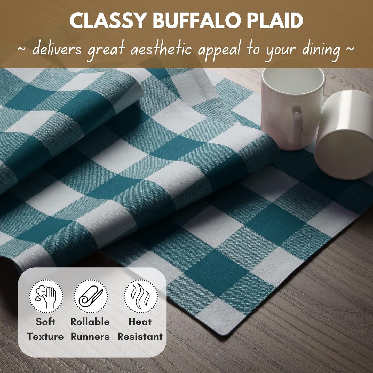 Native Fab Buffalo Checkered Plaid Table Runner, 100% Cotton, 13x108 Inches, Rustic Farmhouse Kitchen and Dining Décor, Ideal for Weddings, Birthdays, Holiday Gatherings, Teal Green