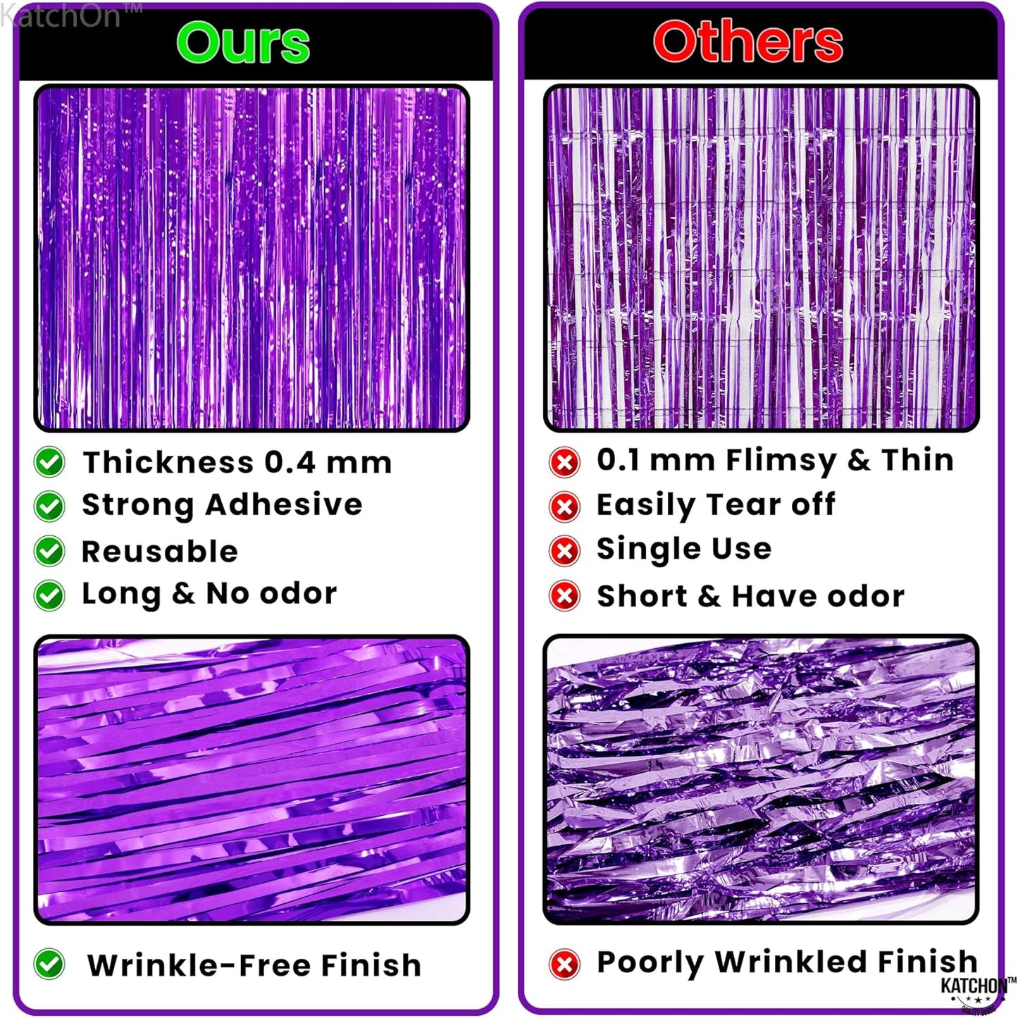 KatchOn, Metallic Purple Foil Fringe Curtain - Pack of 2 | Streamer Backdrops for Purple Birthday Decorations | Bachelorette, New Year, Halloween Party Decorations | Unicorn, Mermaid Party Decoration