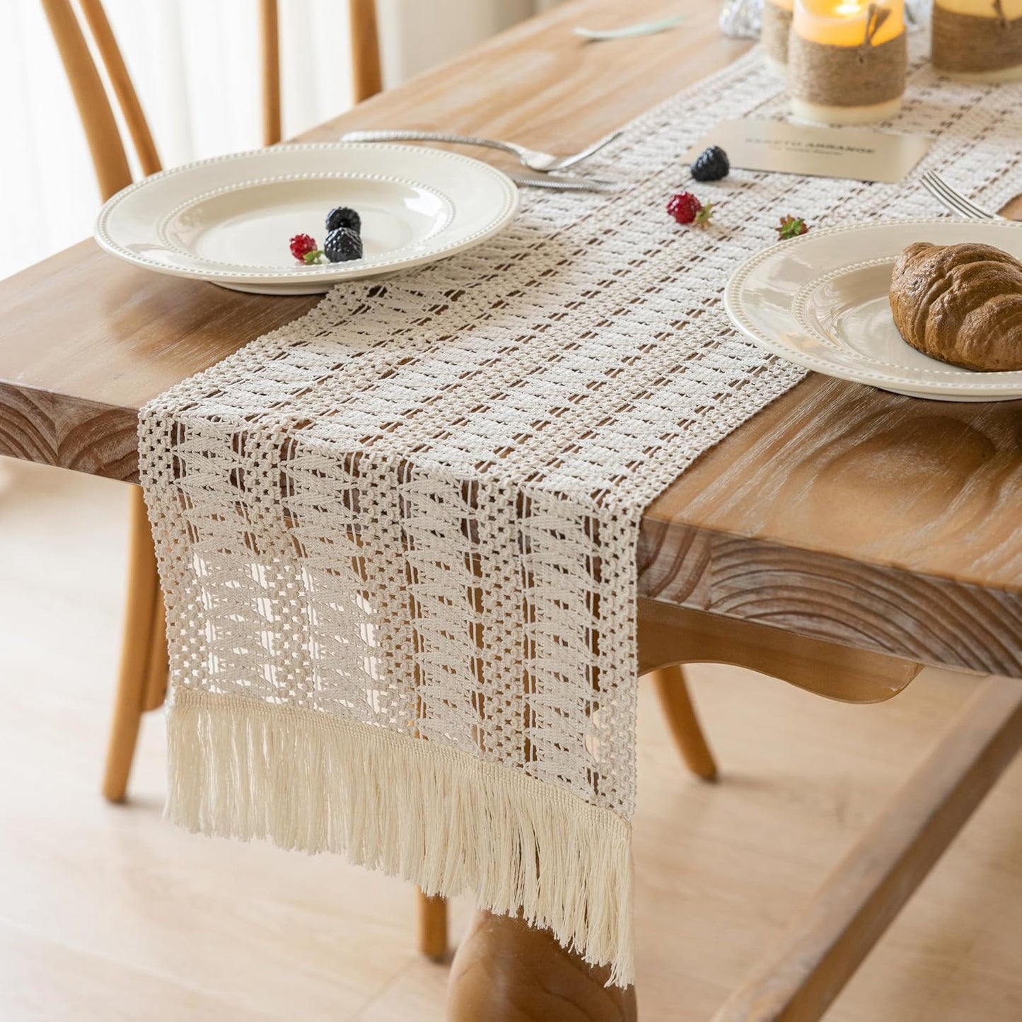 Boho Table Runner White for Home Decor 12x48 Inches Farmhouse Macrame Burlap Jute Rustic Dining Kitchen Centerpiece Bohemian Decor French Country Baby Bridal Shower Decorations