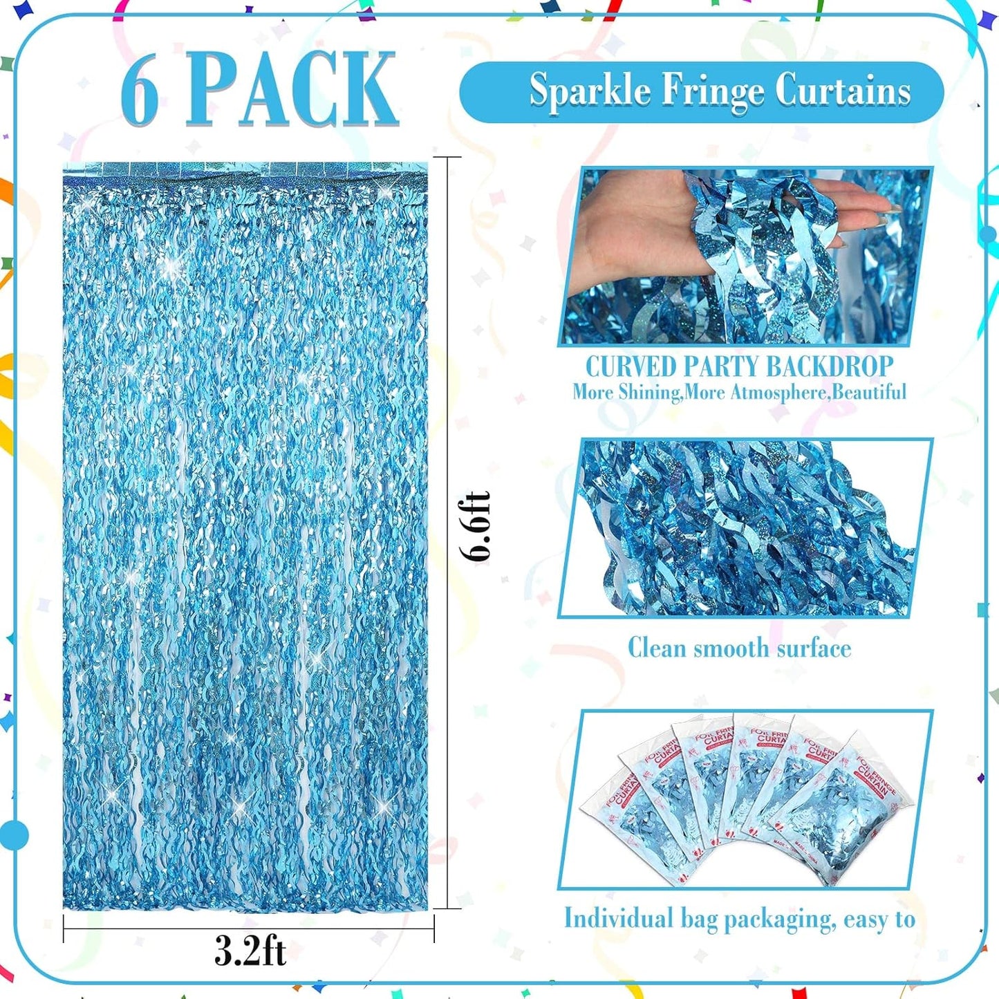 Jutom 6 Pieces 3.3 x 6.6 ft Wavy Tinsel Foil Fringe Curtains Foil Fringe Streamer Backdrop Party Curtain for Sea Mermaid Baby Shower Birthday Party Decoration(Light Blue)