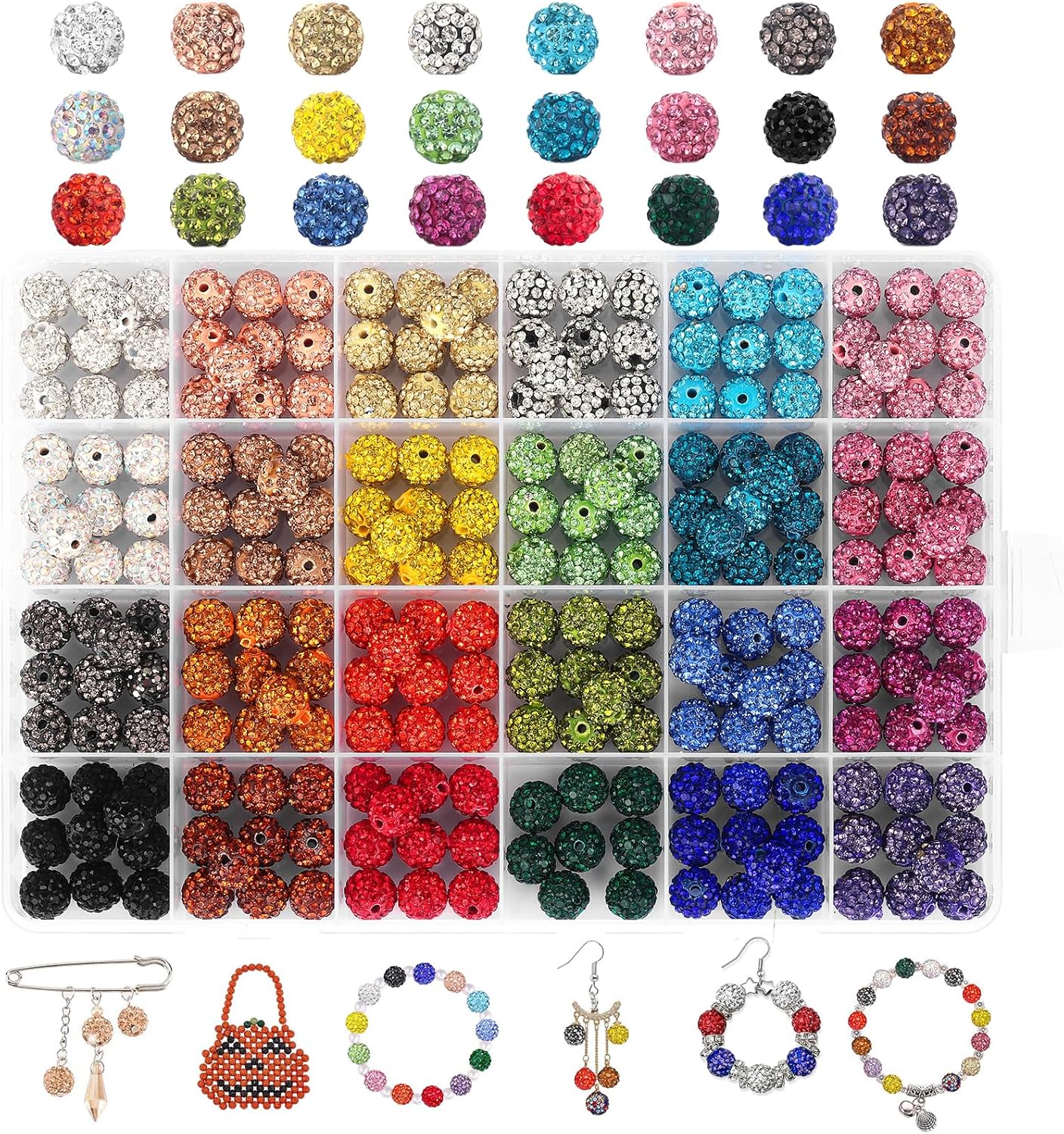 240pcs 24 Colors Rhinestone Beads for Crafts, Sparkle Round Crystal Disco Ball Clay Rhinestone Beads for DIY Jewelry Making Bracelet, Necklace, Earring and Christmas Decoration (10mm)