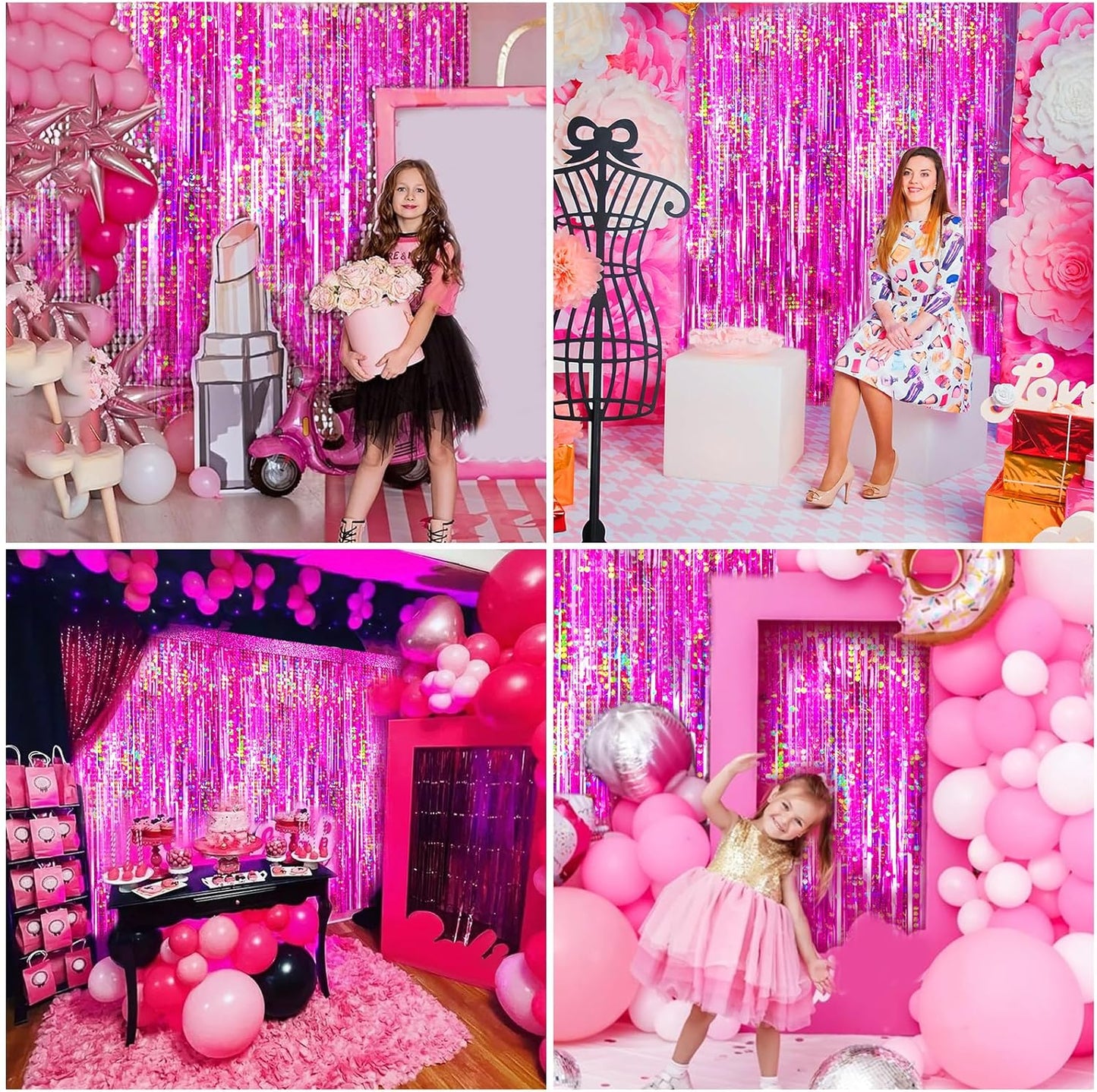 4 Packs Hot Pink Foil Fringe Curtain, Pink Glitter Metallic Tinsel Backdrop for Birthday, Wedding, Baby Shower, Bachelorette Cowgirl Princess Party Decorations Supplies
