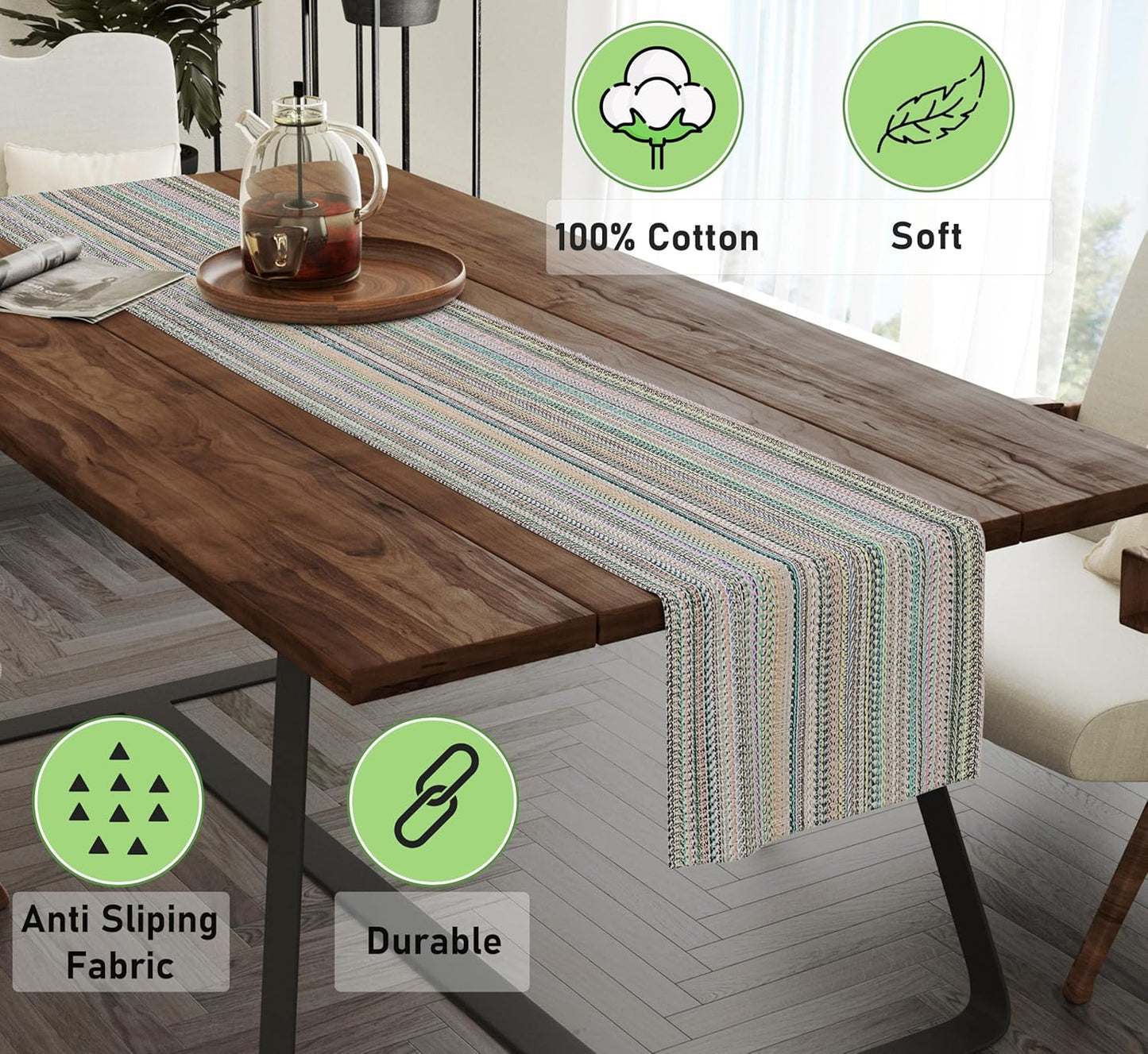 Ruvanti 100% Cotton Table Runner 108 Inches Long, Non-Slip, Stain Resistant, Washable & Reusable Table Runners Perfect for Wedding, Parties, Christmas, Holiday, in-Door use - Color More