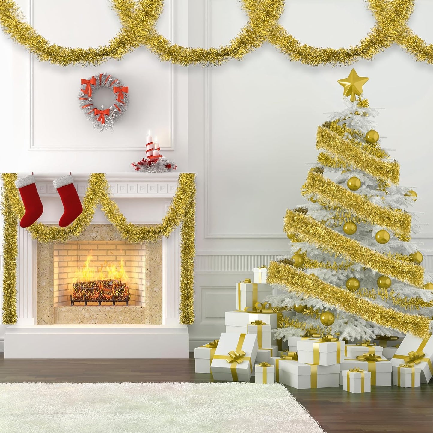 32.8 Ft Gold Christmas Tinsel Garland Metallic Shiny Tassle Banner Wall Hanging Tinsel Streamers Backdrop for Christmas Holiday Birthday Party Supplies Indoor Outdoor Ornaments Home Decor