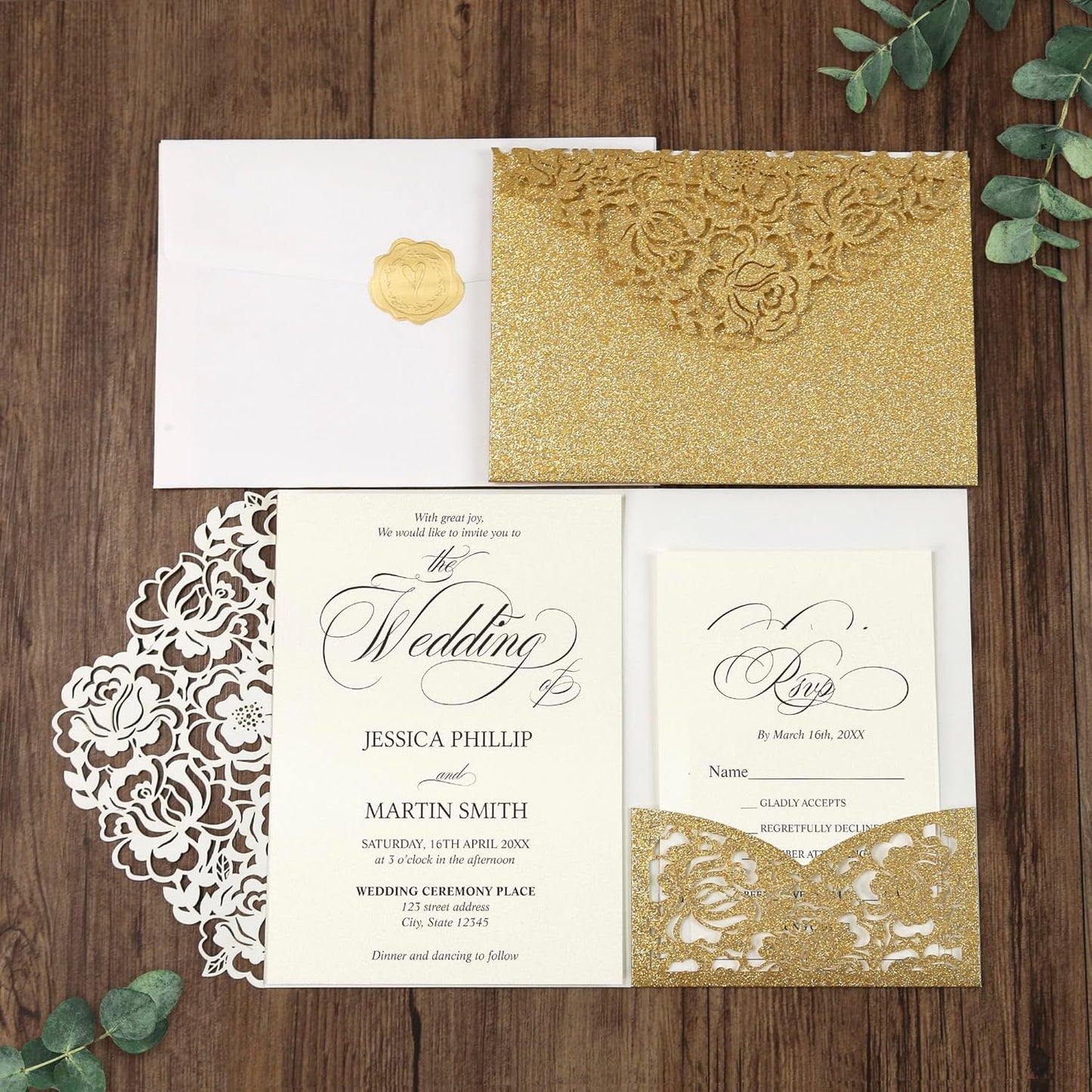 DORIS HOME 50pcs Laser Cut Wedding Invitation Pockets with Envelopes Gold Glitter, 5.12" x 7.12"Invitation Cards for Wedding, Anniversary (No Inserts Included)