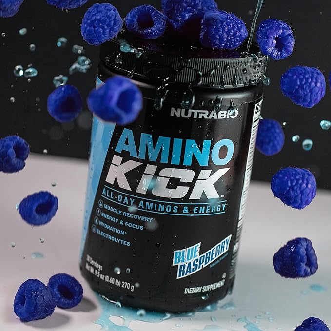 NutraBio Amino Kick – BCAA Powder with Natural Caffeine – Amino Acids Supplement for Energy, Hydration & Recovery – BCAAs, Electrolytes & Amino Acids – Blue Raspberry, 30 Servings