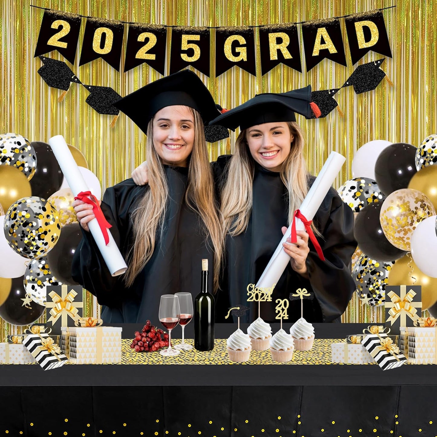 Foil Fringe Curtains Happy Retirement Decorations - Melsan 3 Pack 3.2 x 8.2 ft Gold Tinsel Curtain Party Photo Backdrop for Birthday Party Baby Shower or Graduation