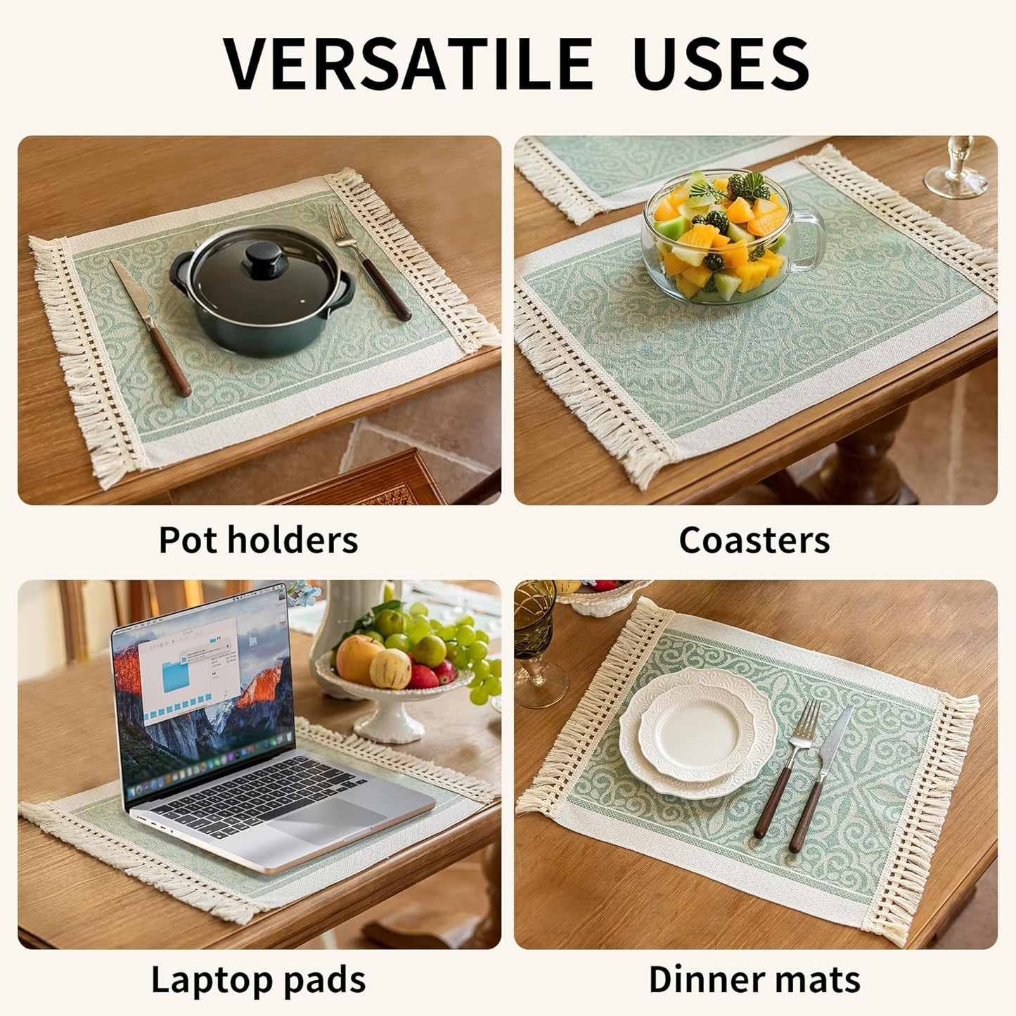 Placemats Set of 4,Waterproof Placemat with Tassel Fringe,Boho Placemats for Coffee Table Western Restaurant