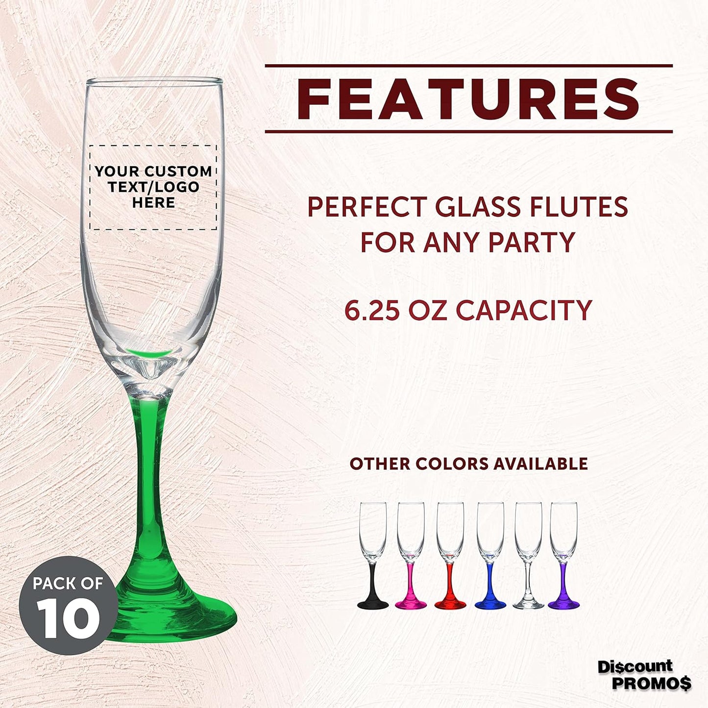 DISCOUNT PROMOS Custom Premiere Champagne Flutes 6.25 oz. Set of 10, Personalized Bulk Pack - Elegant Drinkware for Weddings, Events, & Promotional Gifts - Green