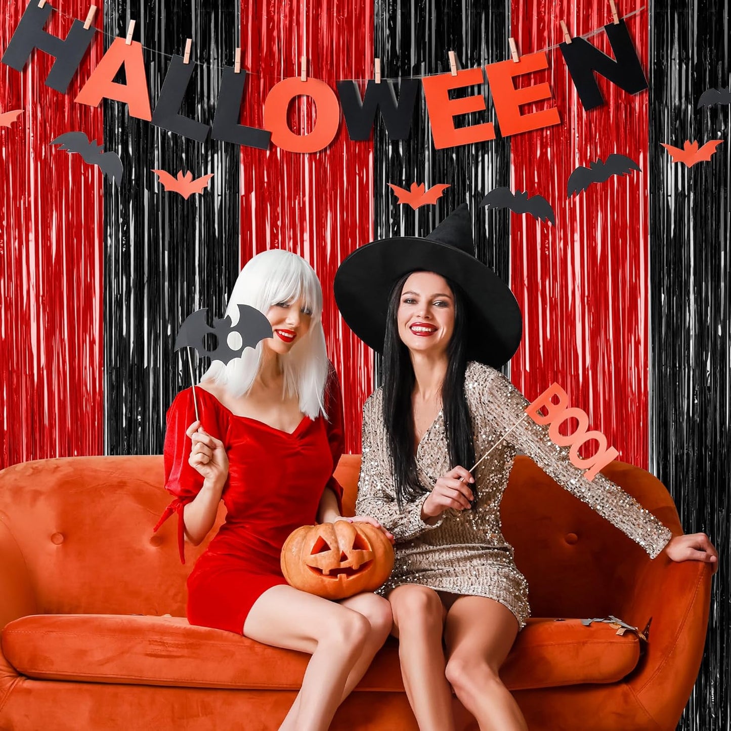 8 Pack Halloween Party Supplies, 3.28 FT x 7.05 FT Red and Black Foil Streamer, Metallic Fringe Curtains Tinsel Backdrop Party Streamer, Hanging Halloween Decorations Casino Party Decor