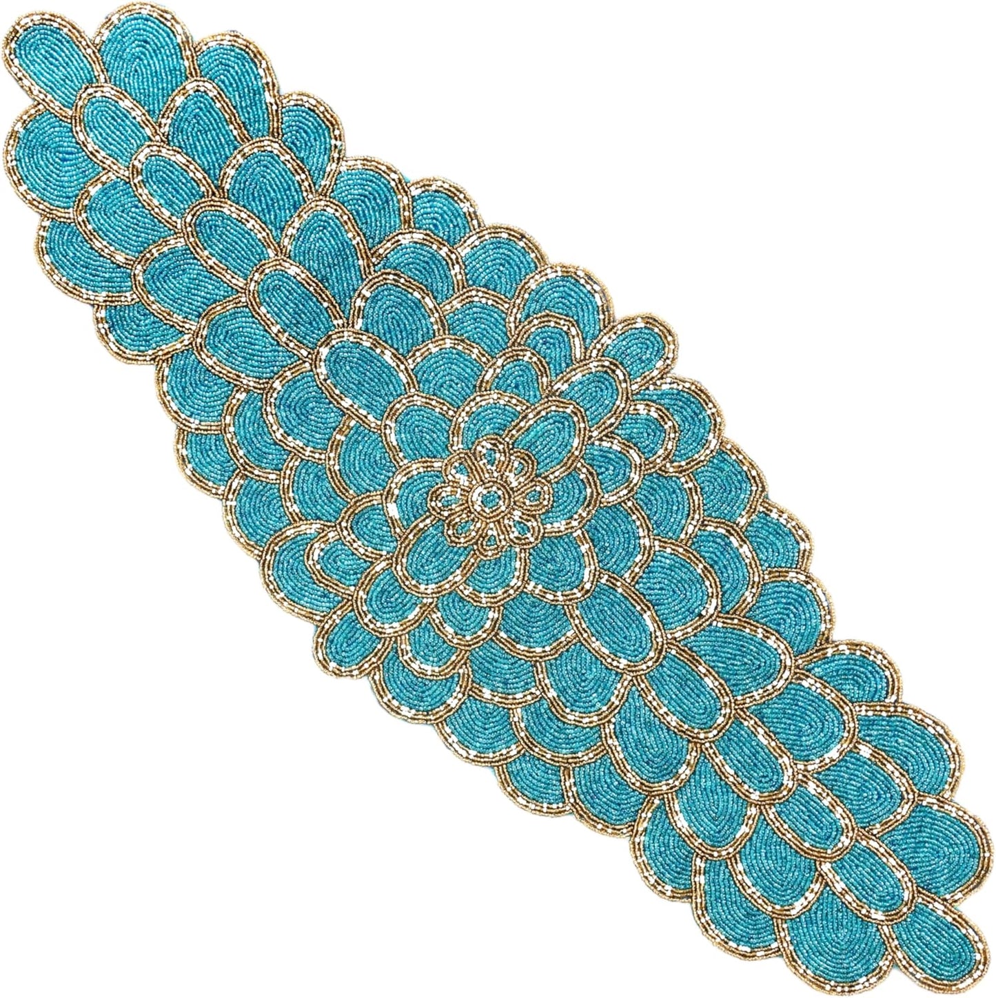 Beaded Table Runner 13 x 36 Inches - Handmade Decorative Dining Table Centerpiece with Glass Beads & Polyester Back, Elegant Runner for Weddings, Parties & Holiday Décor (Blue & Gold) - CLEENTABLE