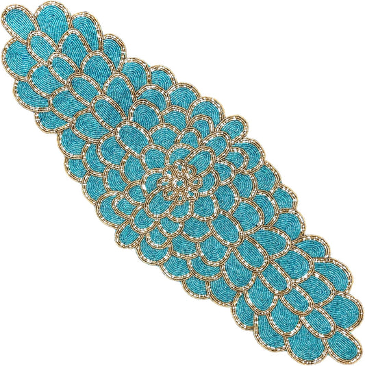 Beaded Table Runner 13 x 36 Inches - Handmade Decorative Dining Table Centerpiece with Glass Beads & Polyester Back, Elegant Runner for Weddings, Parties & Holiday Décor (Blue & Gold) - CLEENTABLE