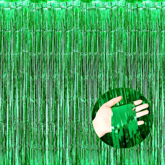 4 Pack Green Foil Fringe Curtain Backdrop, 3.28Ft x 8.2Ft Metallic Tinsel Foil Fringe Streamer Curtains for Photo Booth Props Decor Party Supplies