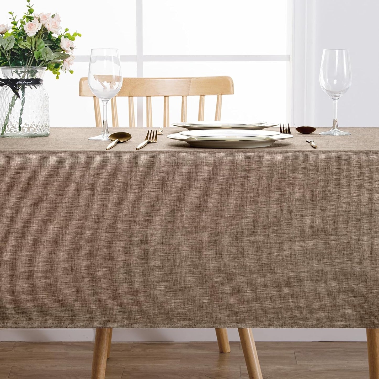 Hiasan Faux Linen Rectangle Tablecloth - Wrinkle and Stain Resistant Washable Table Cloth for Kitchen Dining Room Holiday Table Cover for Party Dinner, Khaki, 60 x 84 Inch