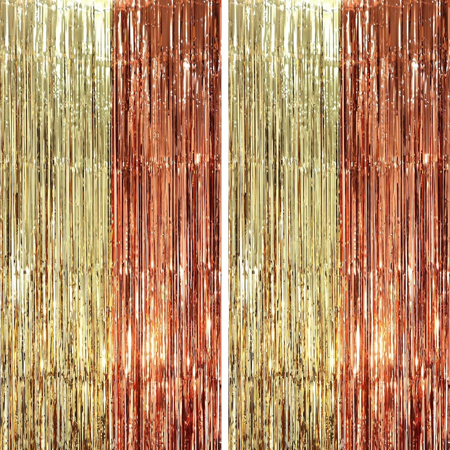 2 Pack Rose and Champion Foil Fringe Backdrop Curtains, Tinsel Streamers Party Decorations, Fringe Backdrop, Door Shimmer for Anniversary or Birthday Party