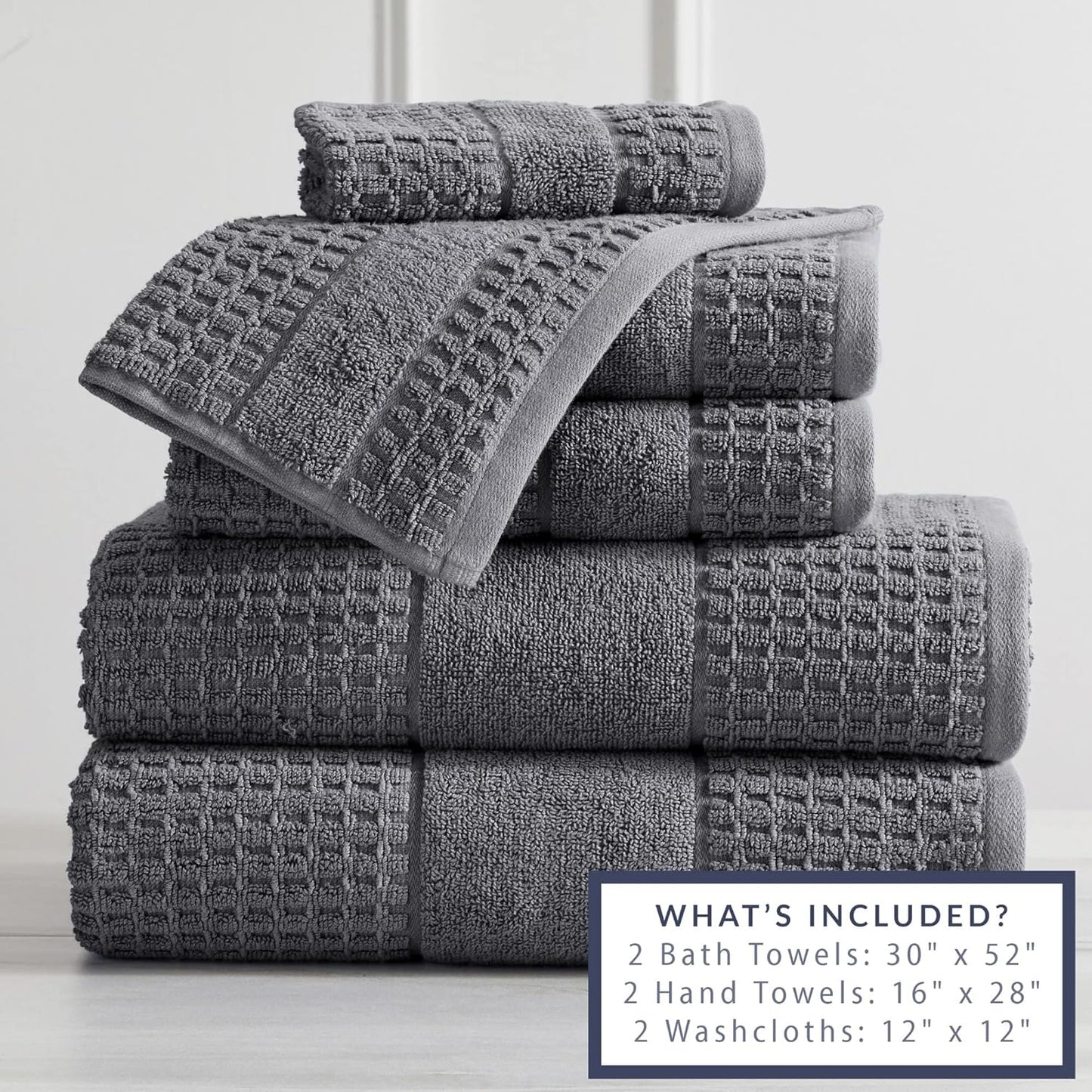 100% Cotton Super Soft Luxury Towel Set | Quick-Dry and Highly Absorbent | Waffle Textured | 550 GSM | 2 Bath Towels, 2 Hand Towels, & 2 Washcloths | Harper Collection (Dark Grey)