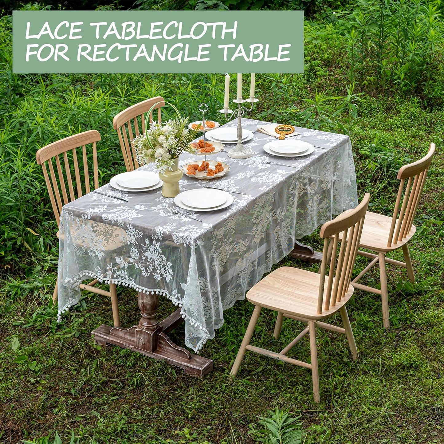 Jayla White Lace Tablecloth for Rectangular Tables, Vintage Style Wedding Table Cloths for Reception, Baby Shower, Birthday Party, Formal Dining, Dinner Parties 60 X 84 Inches