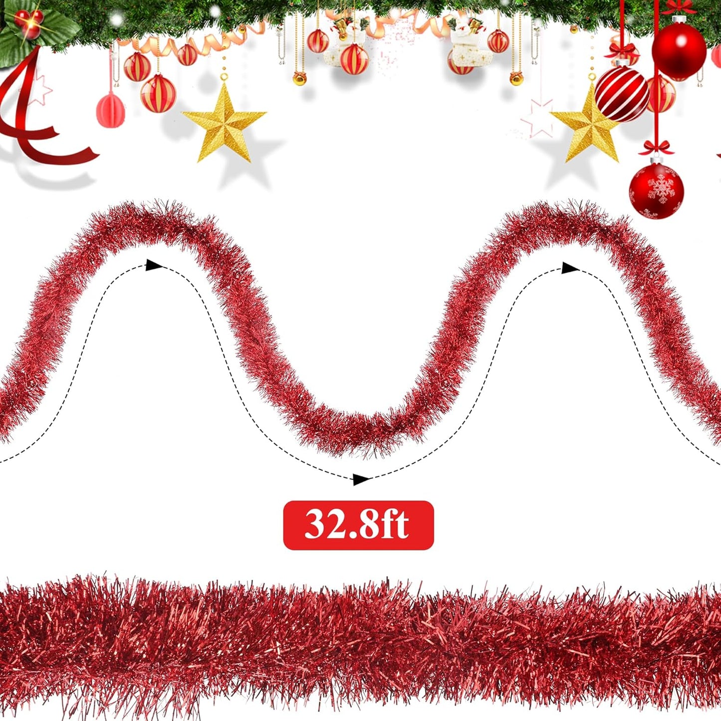 32.8 Ft Red Christmas Tinsel Garland Metallic Shiny Tassle Banner Wall Hanging Tinsel Streamers Backdrop for Christmas Holiday Birthday Party Supplies Indoor Outdoor Ornaments Home Decor