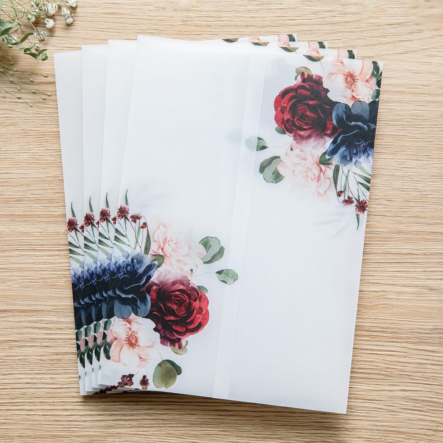 PONATIA 50 PCS 135gsm Vellum Jackets for 5x7 Invitation Cards - Burgundy and Navy Blue Flowers Printed Vellum Sleeves, Wedding Invitation Cards Wraps, Transparent Christmas Gift Cards Jackets