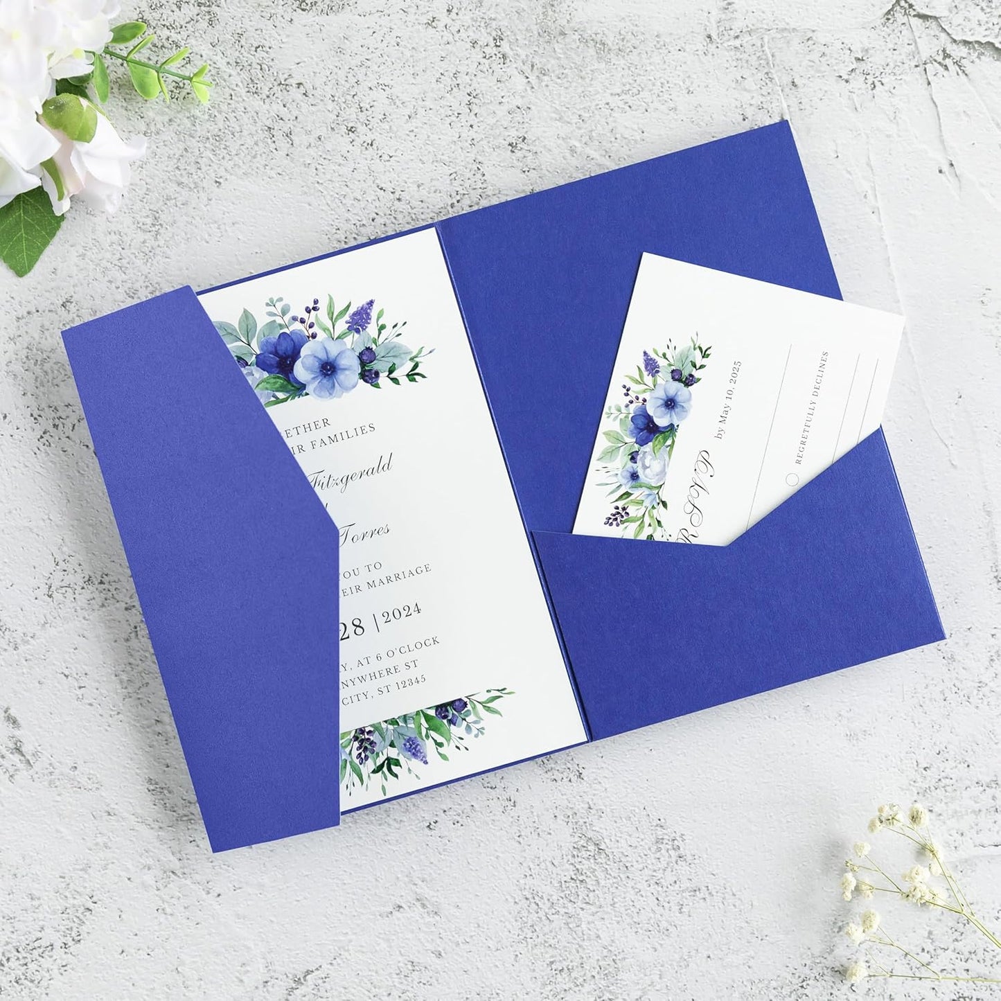 20 PCS Royal Blue Tri-fold Laser Cut Wedding Invitation Pockets for 5x7 Wedding Cards Bridal Shower Engagement Quinceanera Invitation