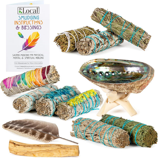 10 Smudge Kit - Flower Sage, White Sage, Blue Sage, Yerba Santa, Cedar, Juniper & Palo Santo Smudge Sticks, Abalone