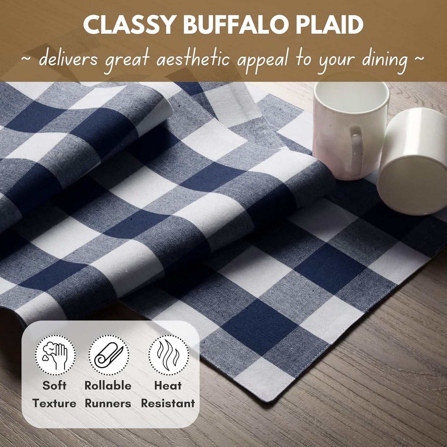 Native Fab Buffalo Check Table Runner, 100% Cotton, 13x108 Inches, Rustic Farmhouse Kitchen and Dining Décor, Perfect for Christmas, Winter, Weddings, Holiday Gatherings, Navy Blue & White