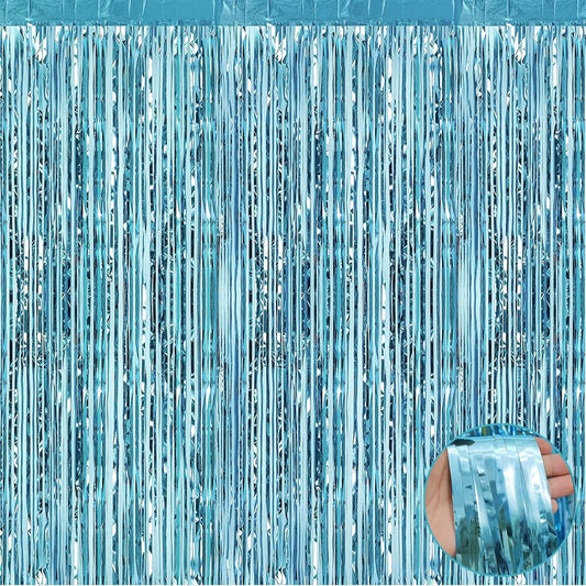 4 Pack Light Blue Foil Fringe Curtain Backdrop, 3.28Ft x 8.2Ft Metallic Tinsel Foil Fringe Streamer Curtains for Photo Booth Props, Birthday, Wedding, Christmas Decoration Party Supplies New