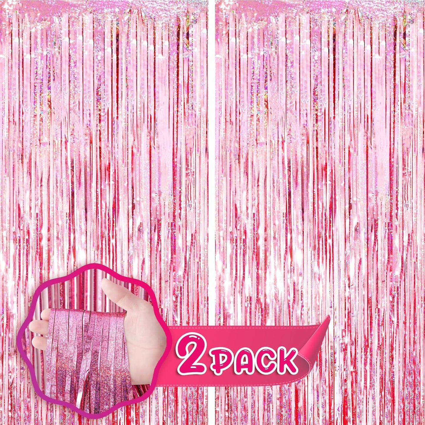2 Pack 3.3x8.2 Feet Laser Pink Foil Fringe Backdrop Curtains, Tinsel Streamers Birthday Party Decorations, Fringe Backdrop for Graduation, Baby Shower, Gender Reveal, Disco Party