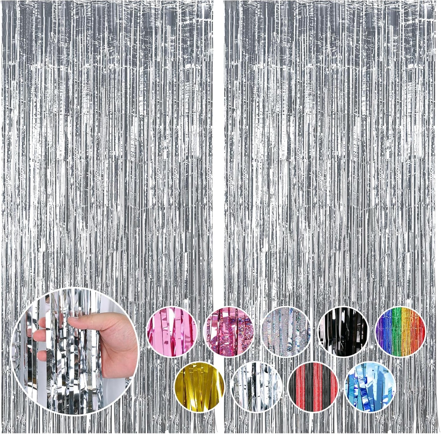 RUBFAC 2 Pack Silver Tinsel Backdrop Party Decorations Foil Fringe Curtains Photo Booth Streamer for New Year Decorations Wedding Birthday Holiday Christmas Celebrations Supplies