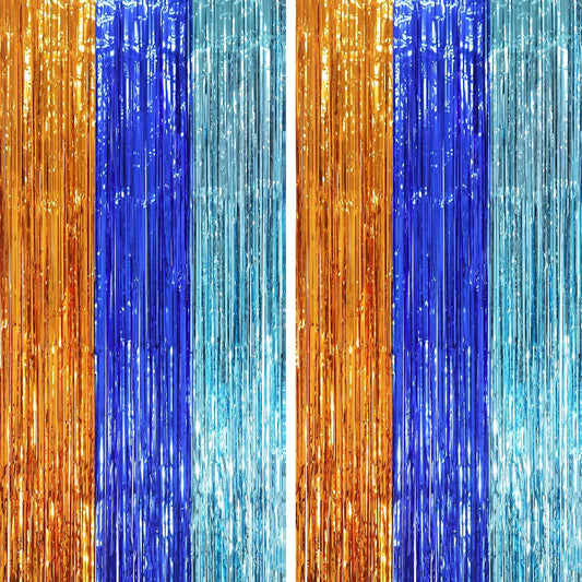 2 Pack Blue Orange Foil Fringe Backdrop Curtains, Tinsel Streamers Party Decorations, Fringe Backdrop, Door Shimmer for Birthday Party