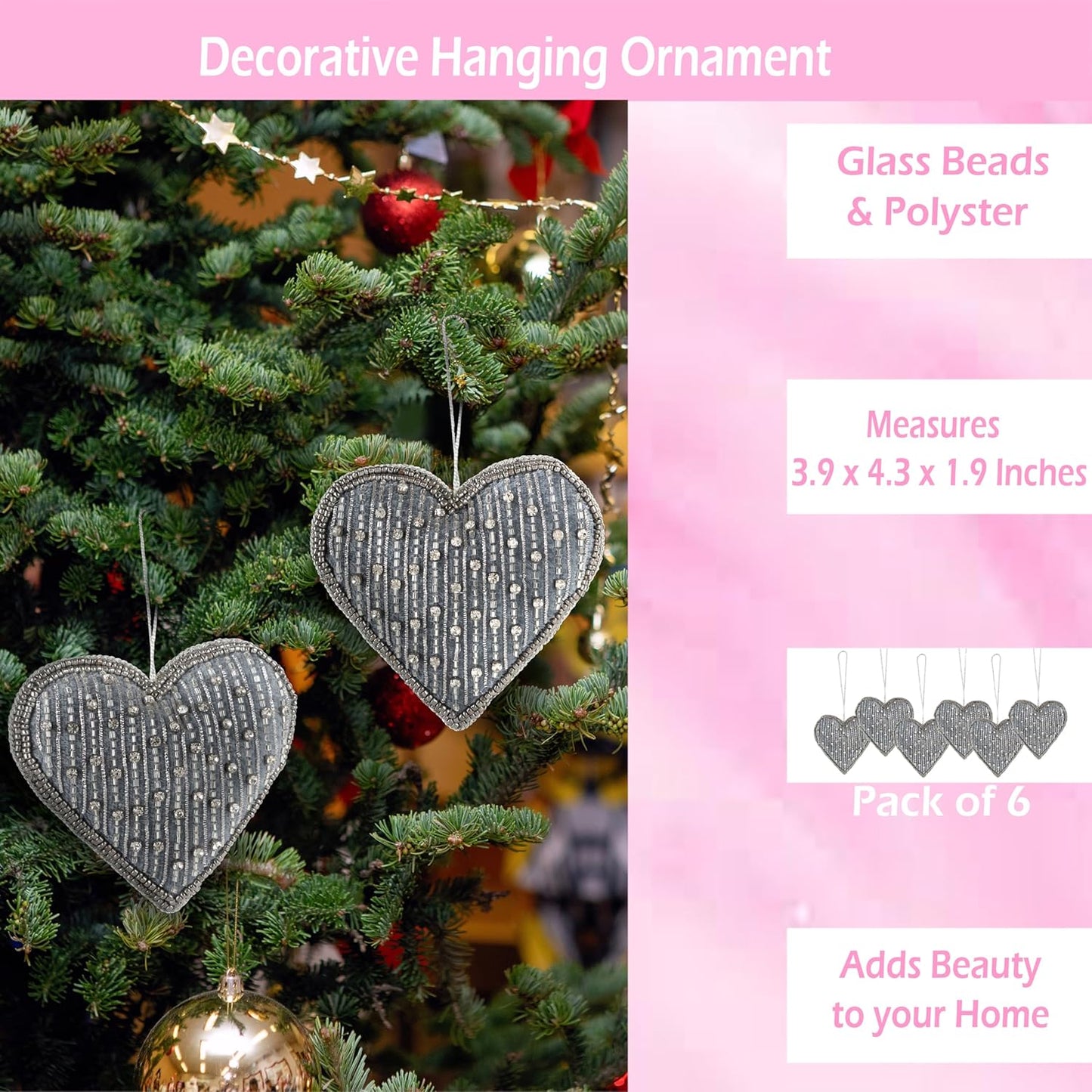 Set of 6 Beaded Heart Ornaments - Rustic Hanging Love Decorations, Farmhouse Wall Decor, Romantic Gifts for Her, Him, or Couples - Handmade Valentine’s Day & Mother’s Day Decor (Grey) - CLEENTABLE