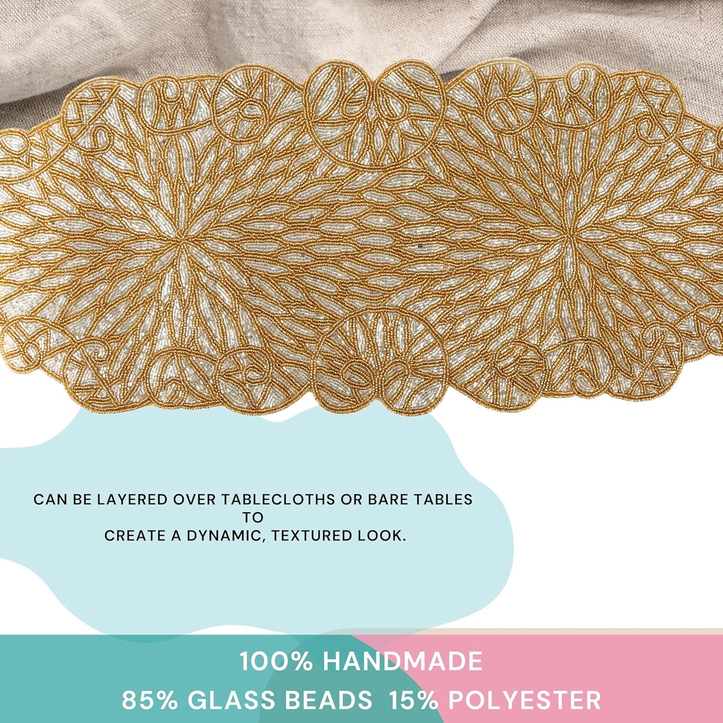 Metallic Bead Table Runner 13x36 Inches - Glass Beaded & Polyester Handcrafted Nautical Decor for Weddings, Christmas & Home Gatherings - Stain Resistant Dining Décor Accent (Gold) - CLEENTABLE