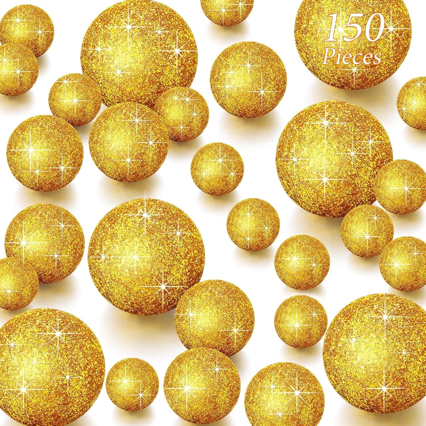 150 Pieces Vase Filler Faux Pearls Vase Makeup Beads No Hole Gloss Bead Mixed Sizes Round Pearl for Home Party Wedding Decor, 8/14/20 mm(Glitter Gold)