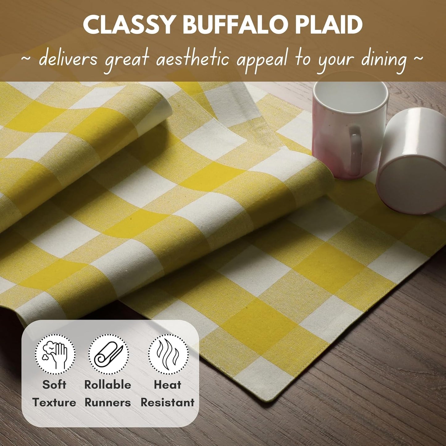 Native Fab Table Runner Buffalo Check Plaid 100% Cotton - 13x72 Inches Kitchen Dining Table Decoration for Indoor Outdoor Farmhouse Home Party Decor - Lemon Yellow and White