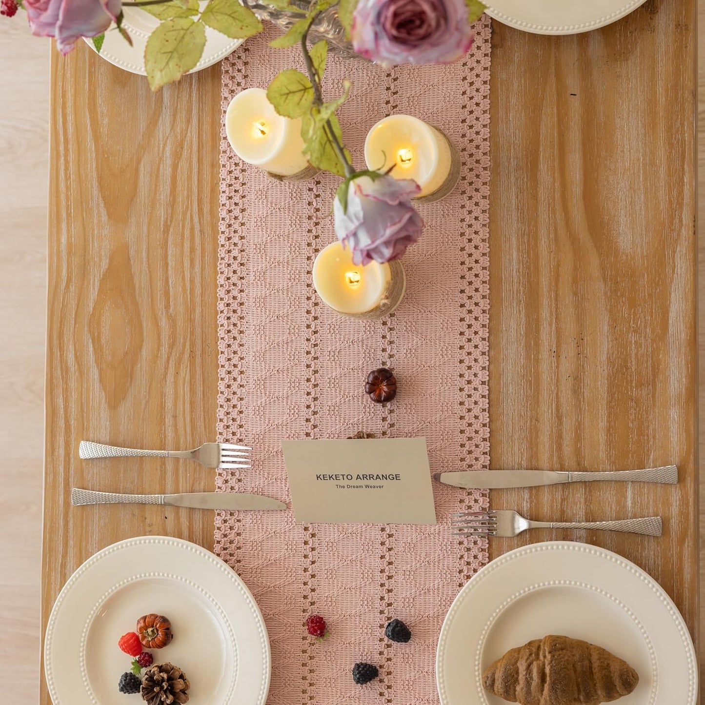 Boho Pink Table Runner for Home Decor 12x72 Inches Farmhouse Macrame Burlap Jute Rustic Dining Kitchen Centerpiece Bohemian Decor French Country Baby Bridal Shower Decorations