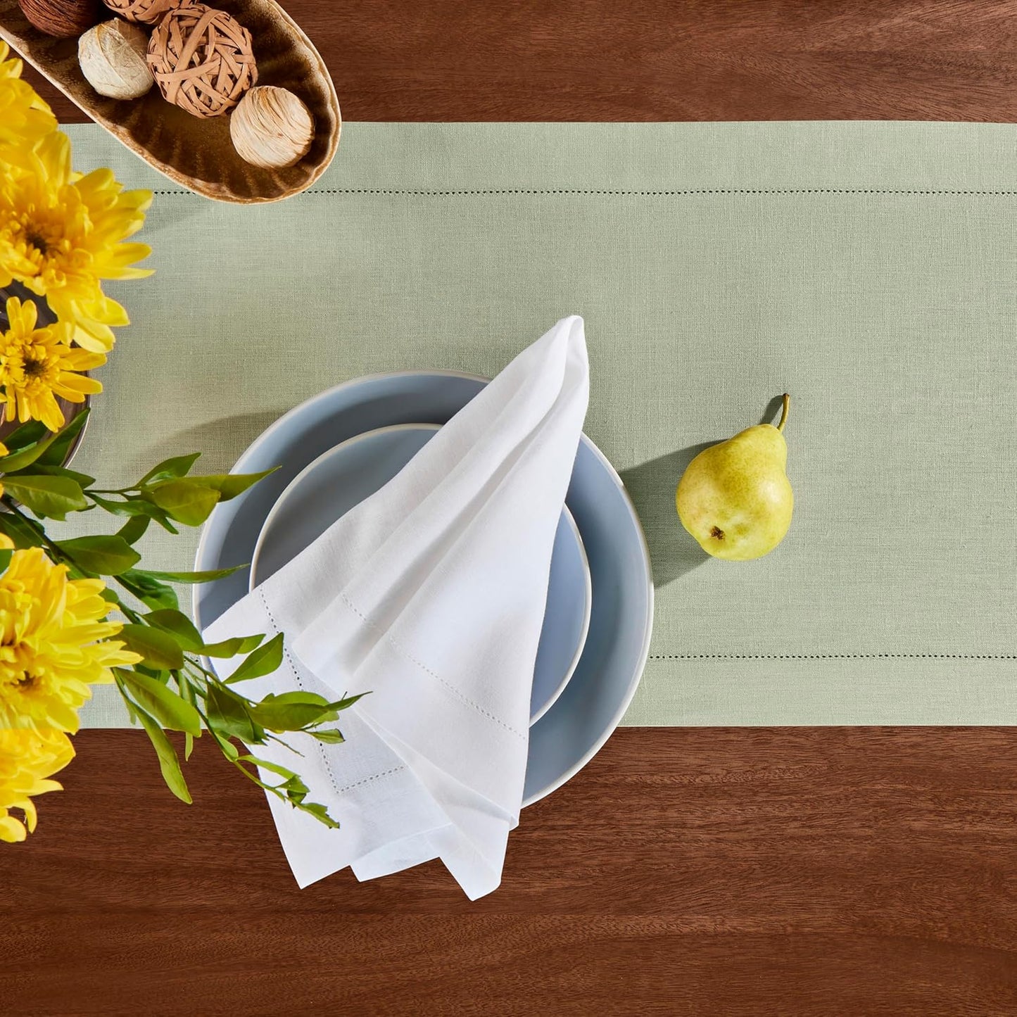 Hemstitch Linen Table Runner 36 inches – 100% Pure Linen Sage Green Table Runner 14 x 36 Inch Ideal for Dresser and Coffee Tables – Spring, Summer, Wedding Decorations, Gift – Elara