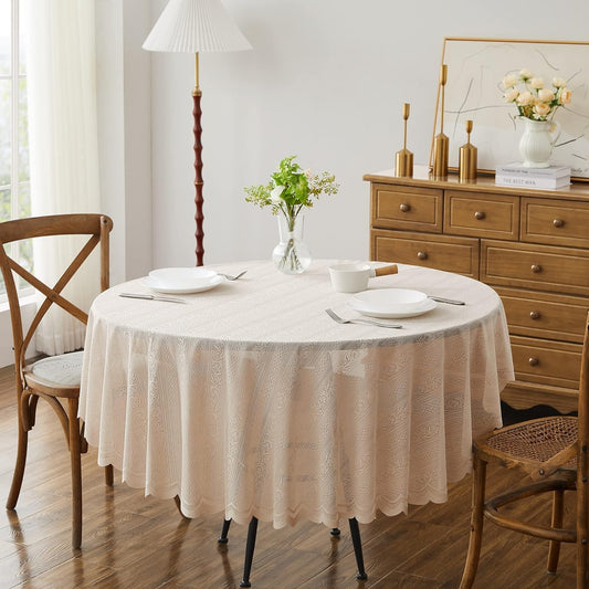 LinenZone Round Lace Tablecloth with Elegant Scalloped Bottom for Any Special Event Such as Wedding, Birthday Party, Baby Shower, Anniversary. Sits 4 to 6 People. (Linda 70 Round, Linen)