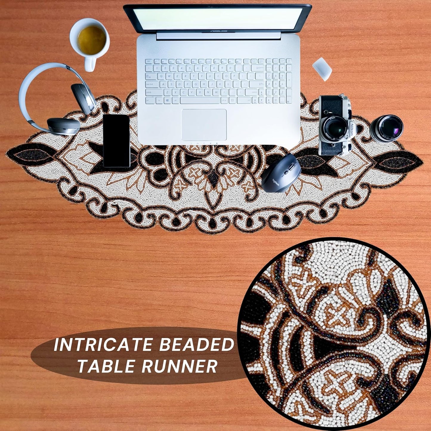 36" Decorative Beaded Table Runner - Handcrafted Floral Design with Durable Polyester Backing for Dining, Coffee Table & Special Occasions (Black White Brown) - CLEENTABLE