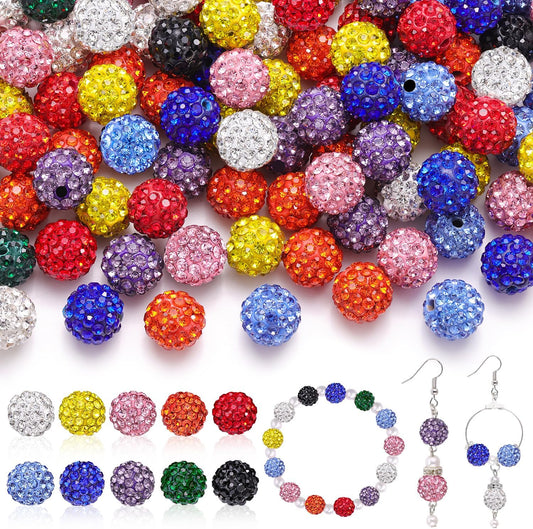 100 Pcs 10 Mixed Colors Rhinestone Beads for Jewelry Making, Sparkle Crystal Clay Christmas for Bracelet Baseball Necklace Earring Crafting and DIY, Shiny Round Shamballa Disco Ball Beads