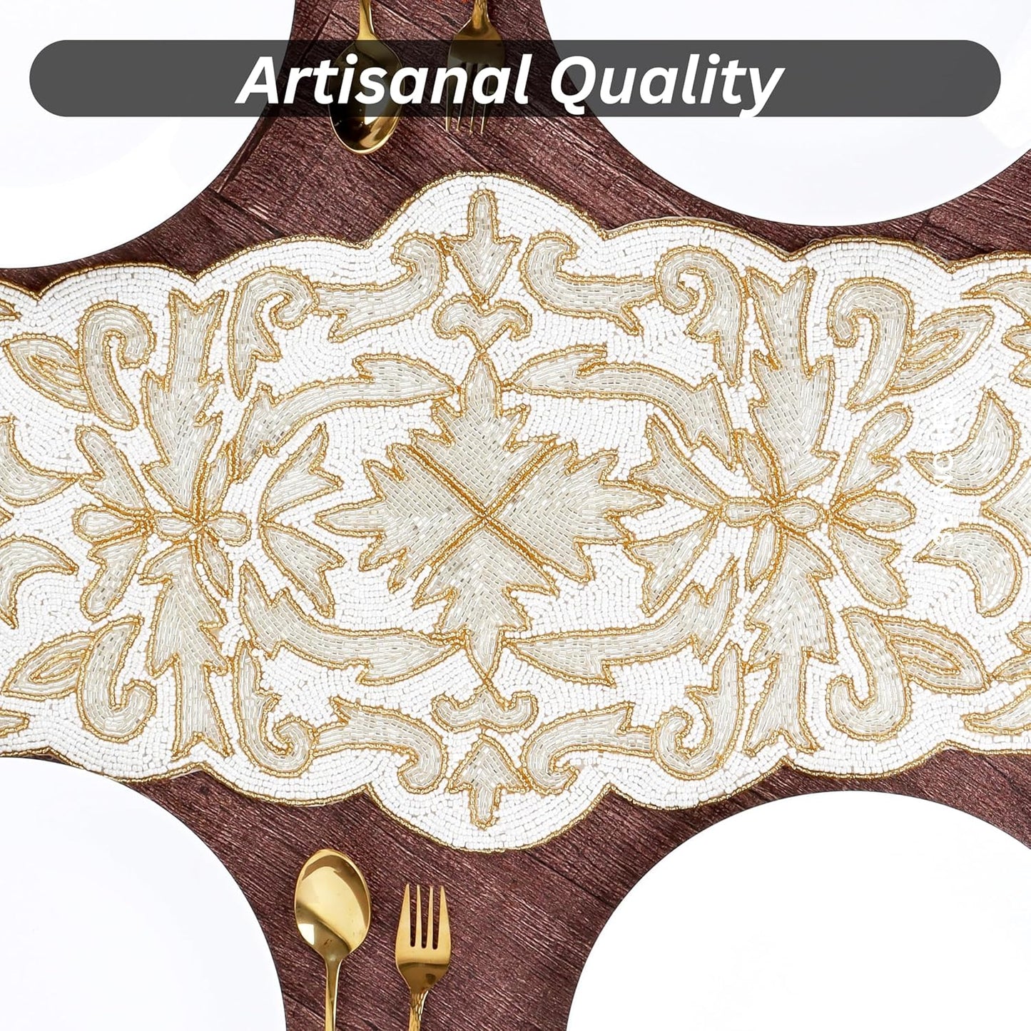 Beaded Table Runner 13 x 36 Inches - Elegant Dining Table Centerpiece with Glass Beads & Polyester Back, Handmade Decorative Runner for Weddings, Parties & Holiday Décor (White & Gold) - CLEENTABLE