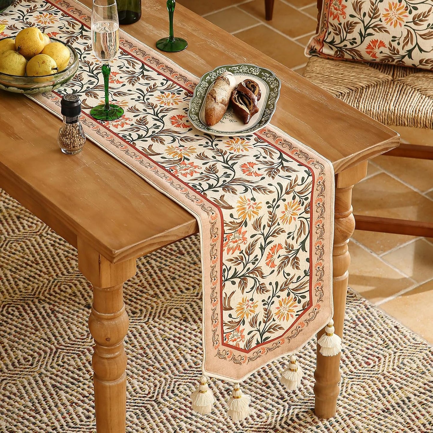 ISAENNE Designer French Elegant Linen Table Runner 87 Inches Long,Farmhouse Lily Pattern Decor Table Runners for Dining Tables,Thanksgiving,Kitchen Tables,Christmas,12"*87"-Aurora A