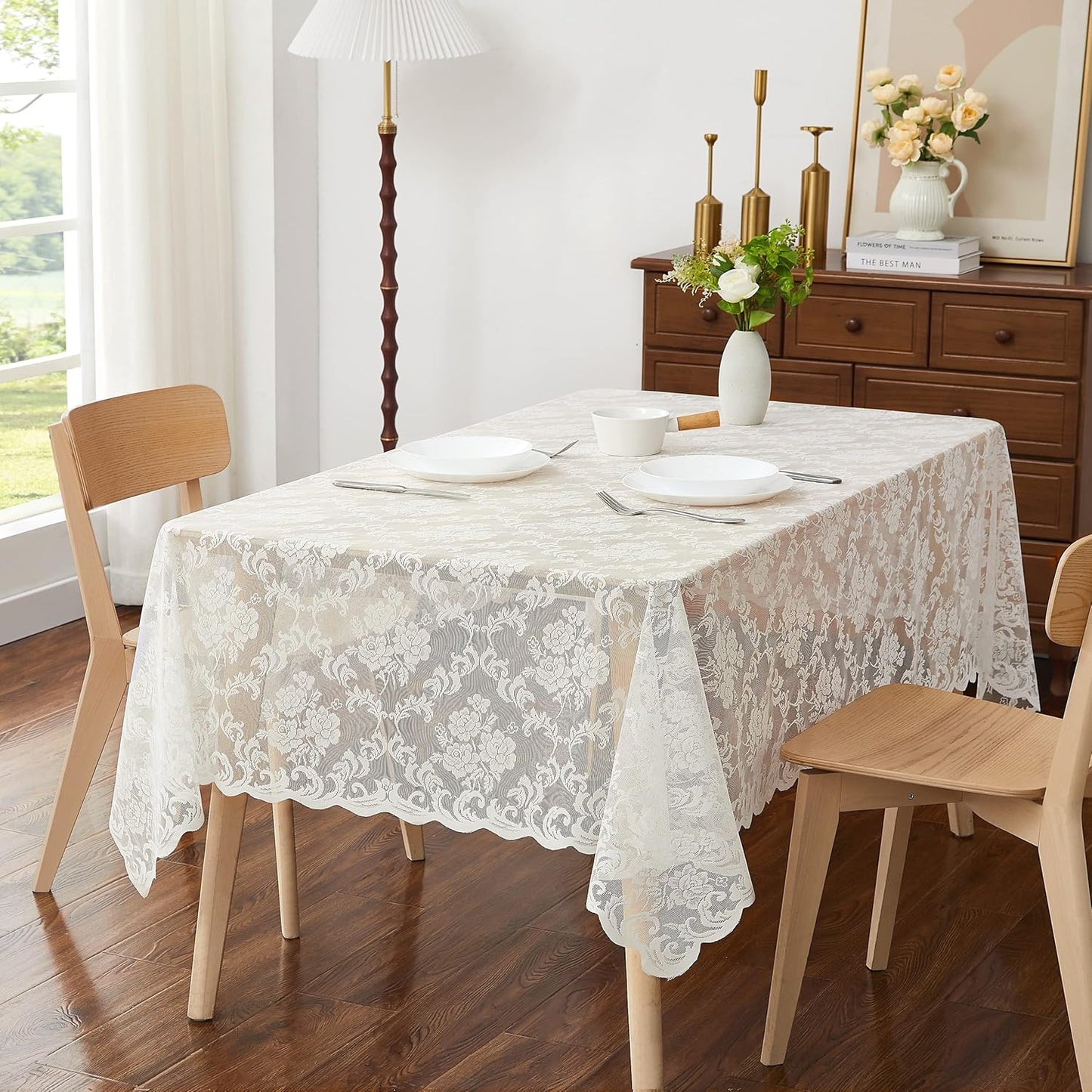 LinenZone Ivory Rectangle Tablecloth for Rustic Vintage Decor. Sheer Lace Tablecloth Works Great As Wedding Tablecloth, Thanksgiving Tablecloth or Baby Shower Tablecloth (Mia TC 54 x 72, Ivory)