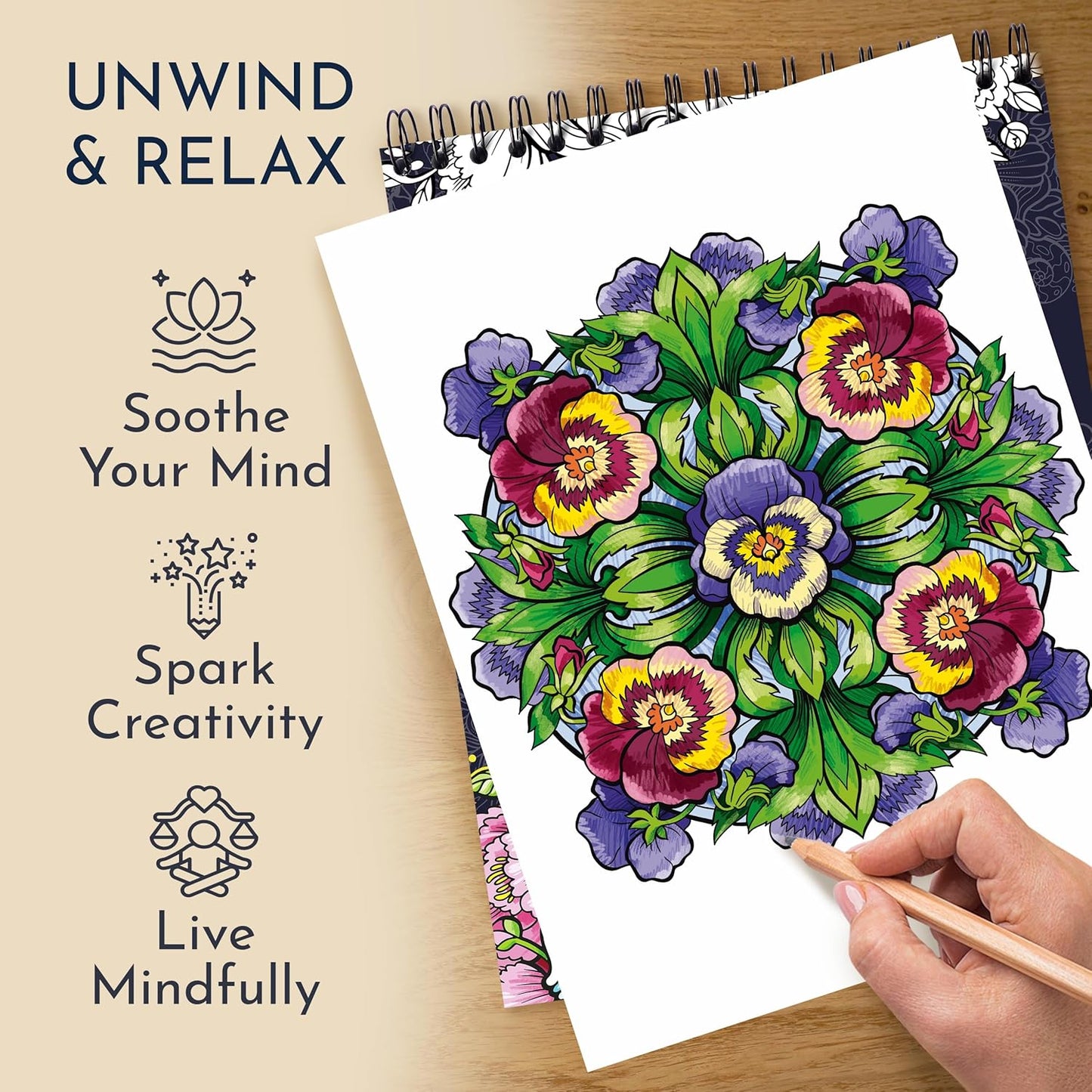 RYVE Mandala Coloring Book for Adults - 50 Unique Mandalas for Relaxation & Stress Relief - Spiral Coloring Book for Adults, Relax and Mindfulness Gifts for Women and Men, Spiral Bound