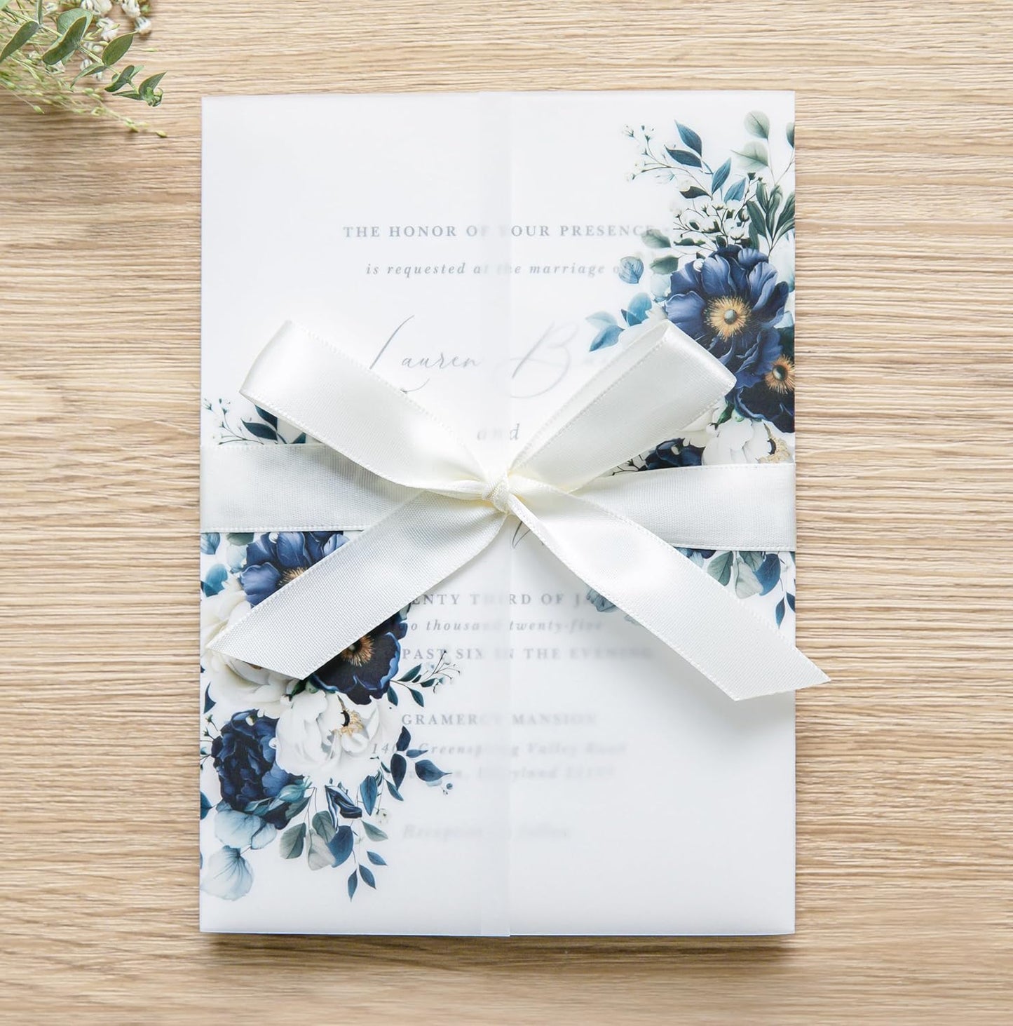 PONATIA 50PCS Vellum Jackets for 5x7 Invitation Cards- 135GSM Navy Blue Flowers Printed Wedding Invitations Wraps - Transparent Christmas Gift Cards