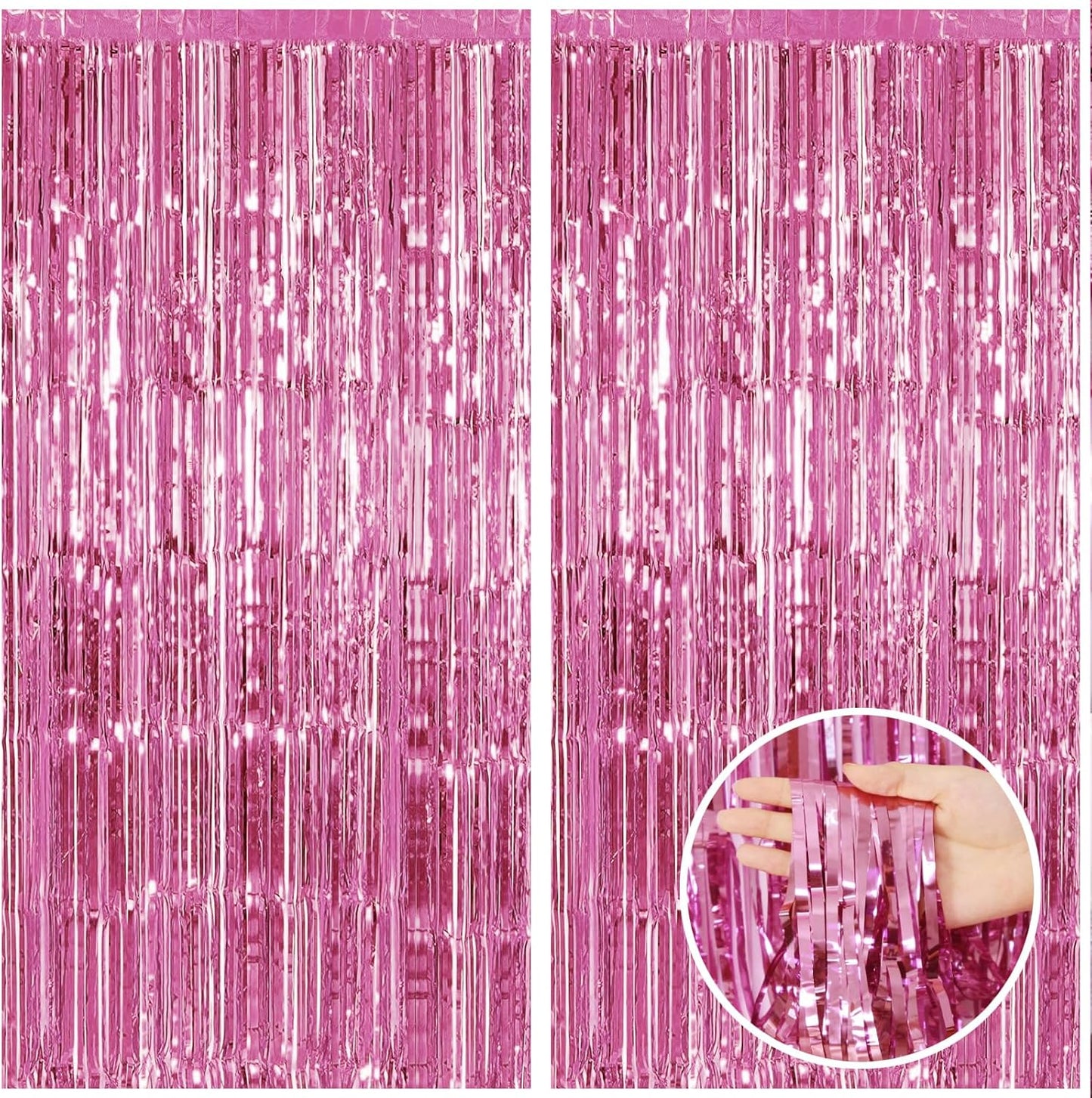 CANREVEL 2 Pack 3.3x8.2 Feet Pink Foil Fringe Backdrop Curtains, Tinsel Streamers Birthday Party Decorations, Fringe Backdrop for Girl Princess Bachelorette Euphoria Theme Party