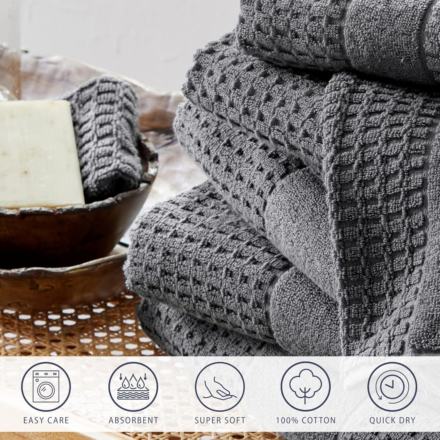 100% Cotton Super Soft Luxury Bath Towel Set | Quick-Dry and Highly Absorbent | Waffle Textured | 550 GSM | Includes 4 Bath Towels | Harper Collection (Dark Grey)