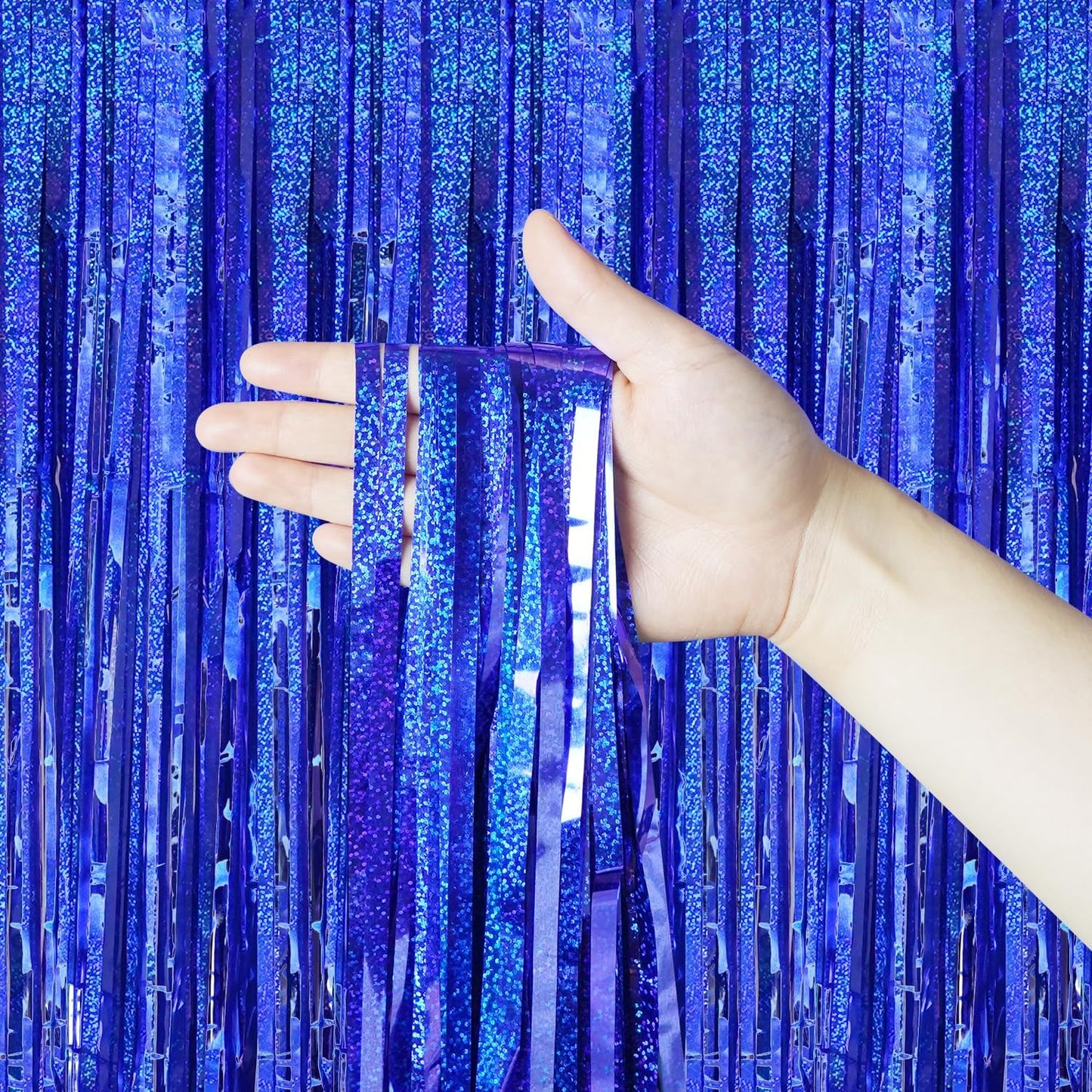 QRabbit 4 Pack Backdrop Curtains, Blue Foil Fringe Curtain Tinsel Backdrop, Party Streamers for Birthday Graduation Engagement Wedding Baby Shower Christmas Party Decorations